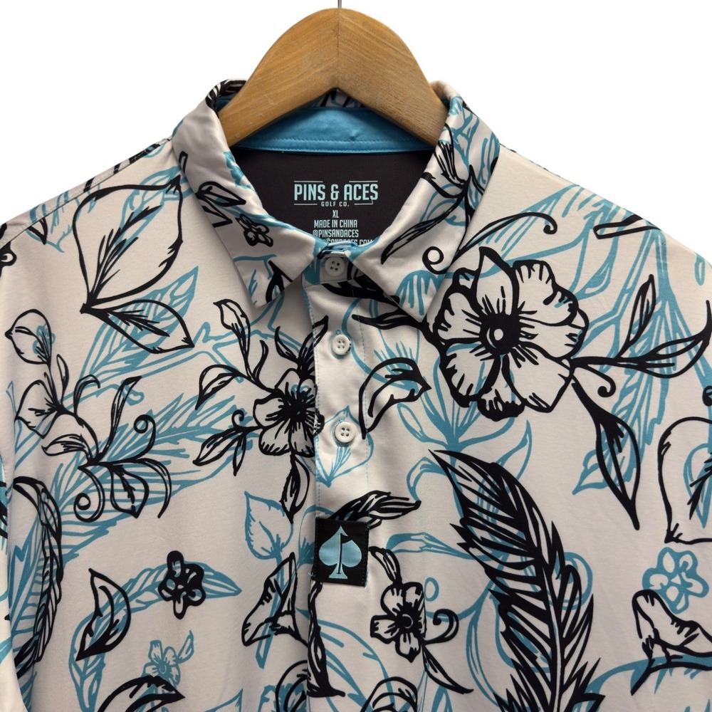 Pins & Aces Mens Sz XL White/Blue Floral Cabo Blanco Performance Golf Polo Shirt